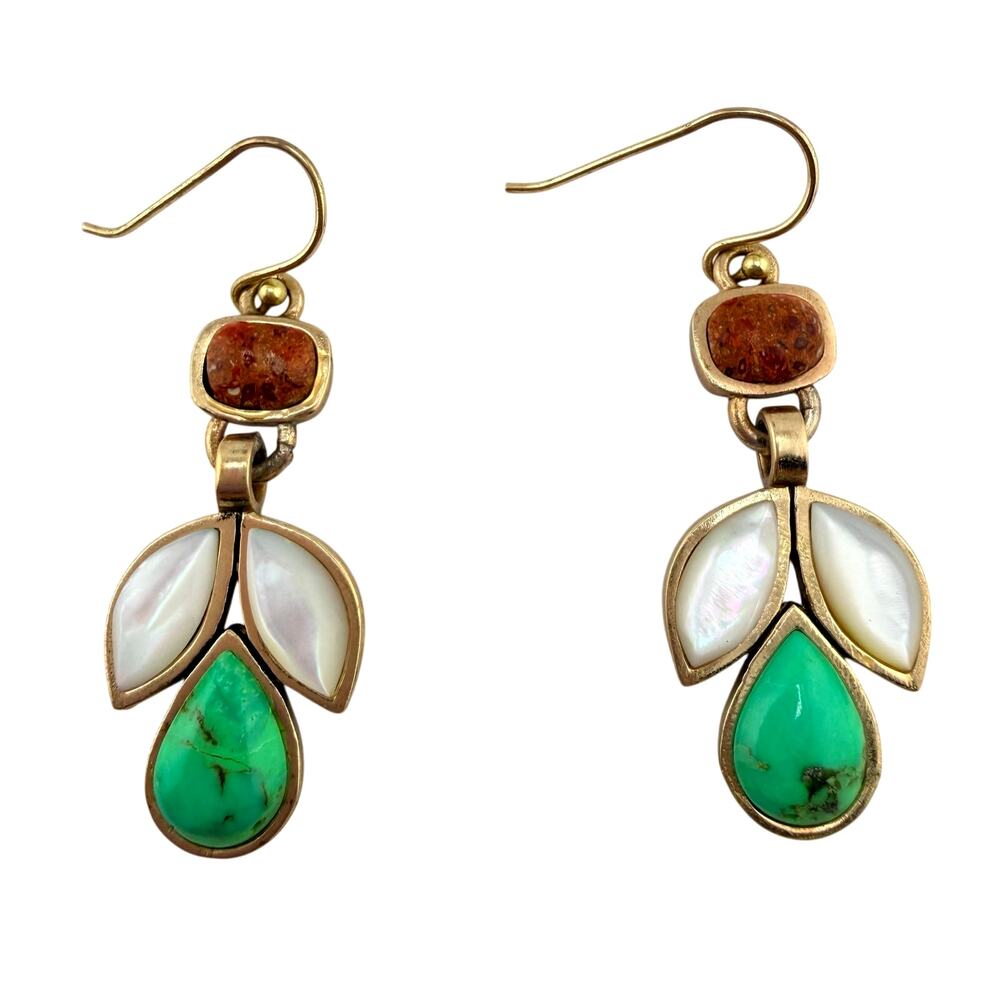 Barse Green Turquoise Spiny Oyster Mother of Pearl Gold Tone Dangle 2" Earrings